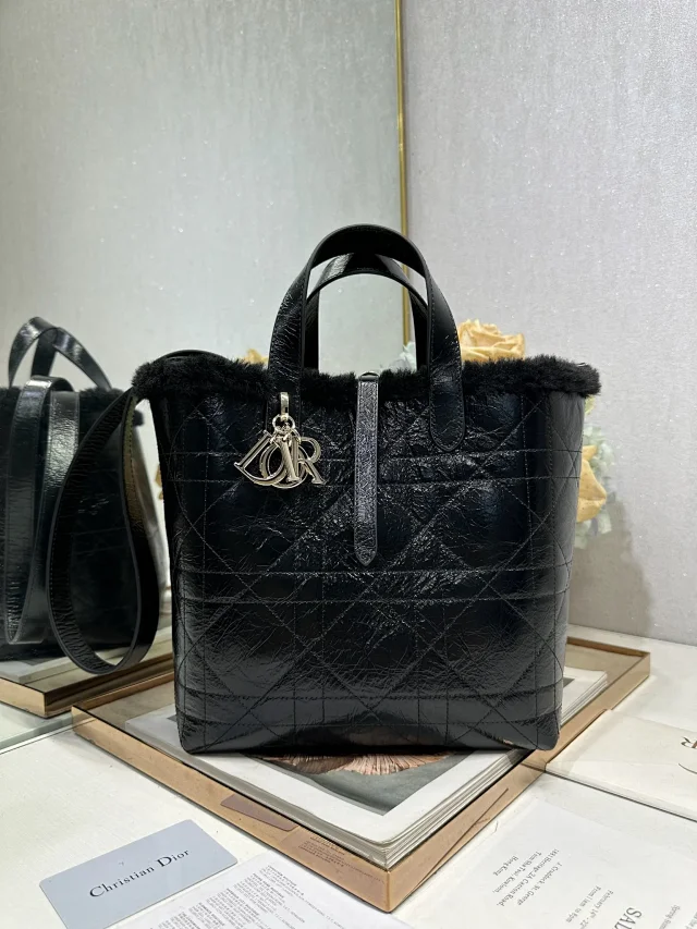 Dior Alps Medium Toujours Vertical Handbag "Cracked Black with Black Fur"