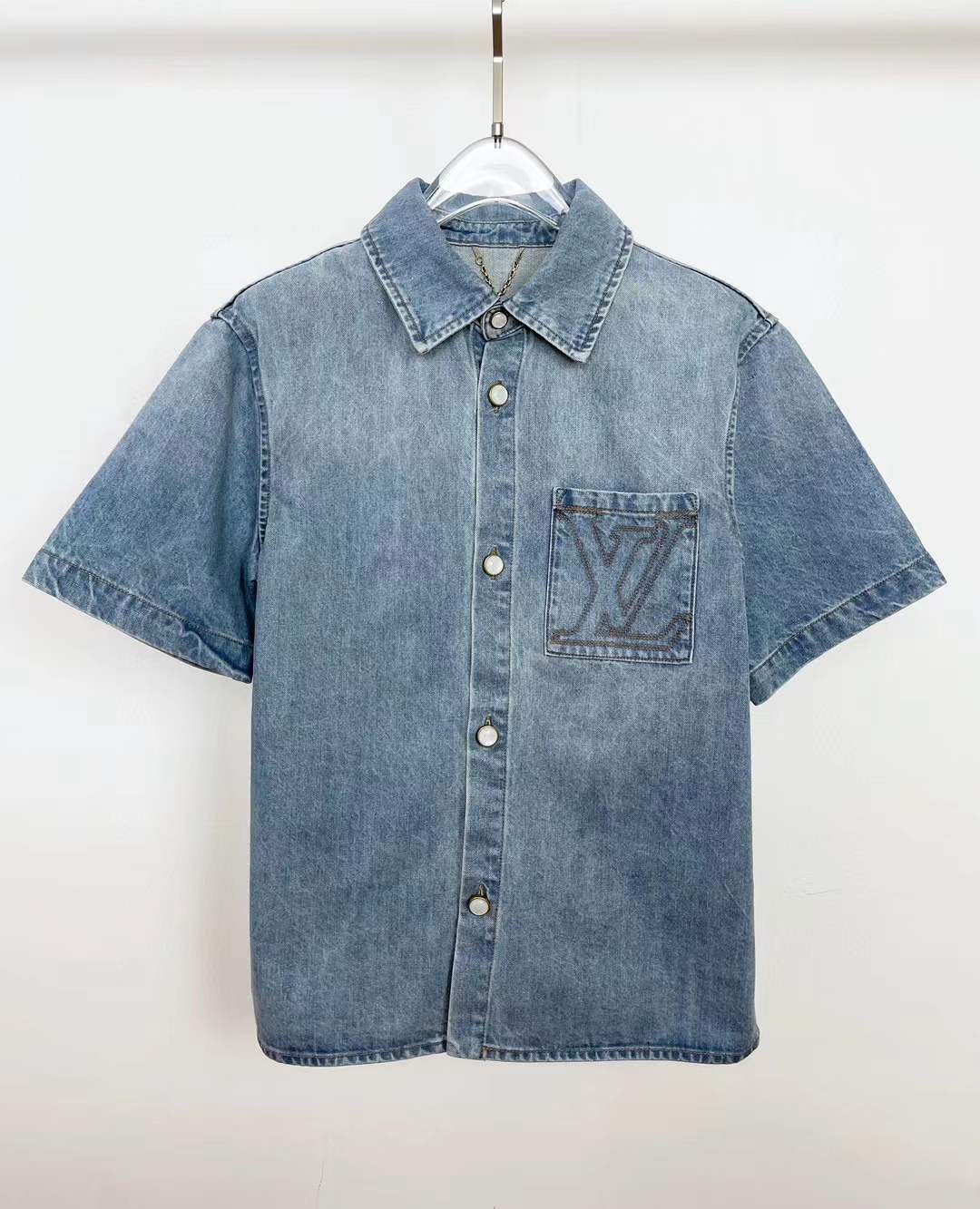 LV Short-Sleeved Denim Shirt in stonewashed Japanese denim with an embroidered LV signature on the chest pocket