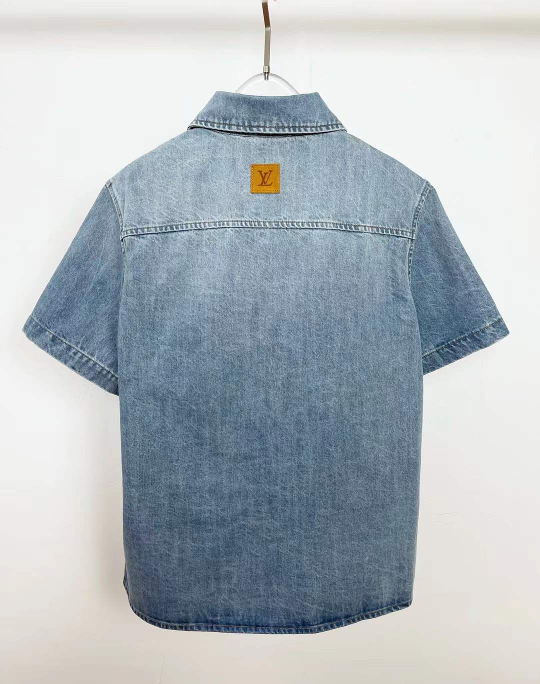 LV Short-Sleeved Denim Shirt in stonewashed Japanese denim with an embroidered LV signature on the chest pocket