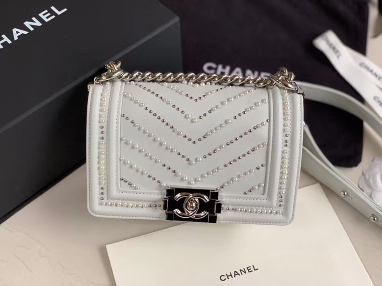 Chanel Boy bag with chevron quilting, adorned with pearls and silver-tone hardware