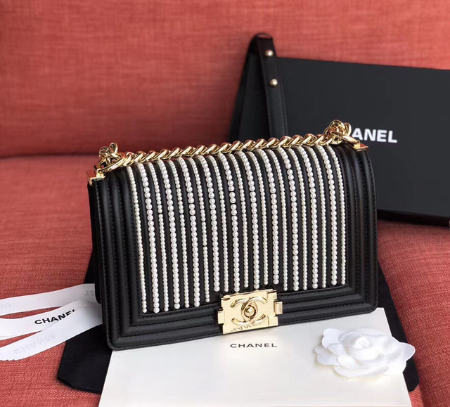 Chanel BOY CHANEL Handbag With Imitation Pearls Black Calfskin, Imitation Pearls & Gold-Tone Metal