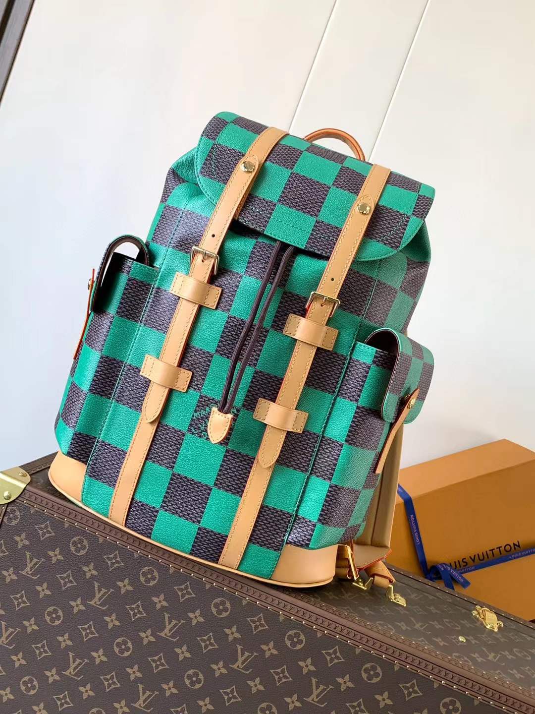 LV Christopher MM backpack in the Damier Pop green color and canvas material
