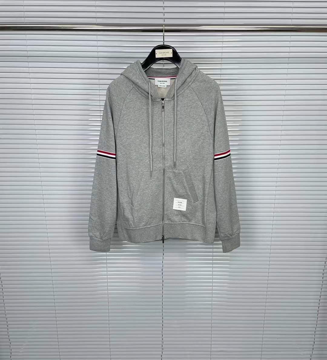 Thom Browne grey four-bar stripe zip-up hoodie