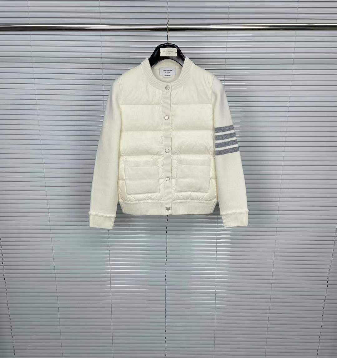 Thom Browne 4-Bar stripe padded jacket in white wool blend material