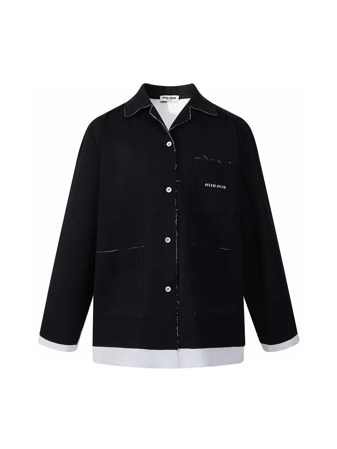 Miu Miu navy blue and white cotton double layer shirt with raw-cut edges