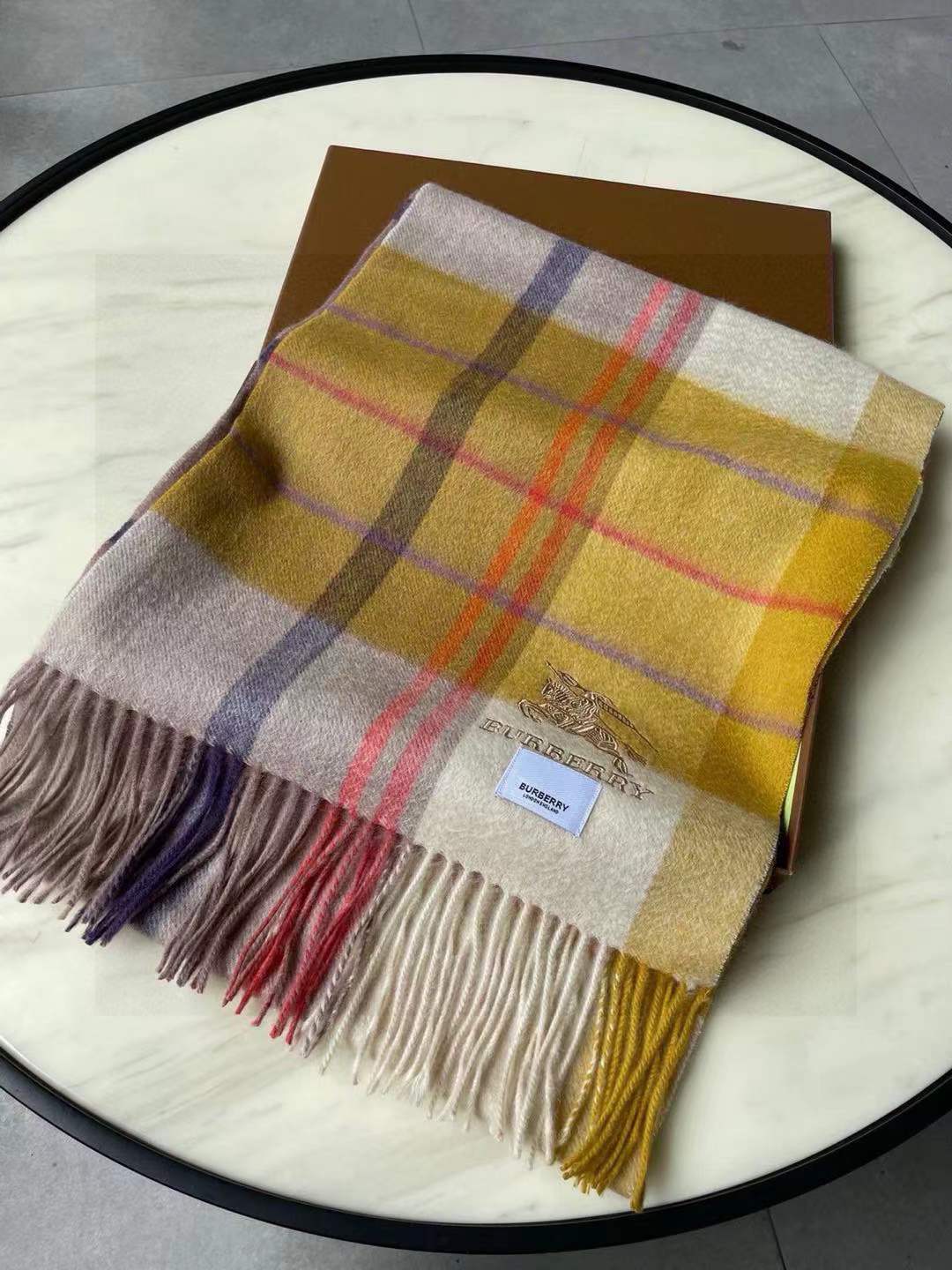 Burberry Classic Check Cashmere Scarf in a yellow variant, made in Scotland