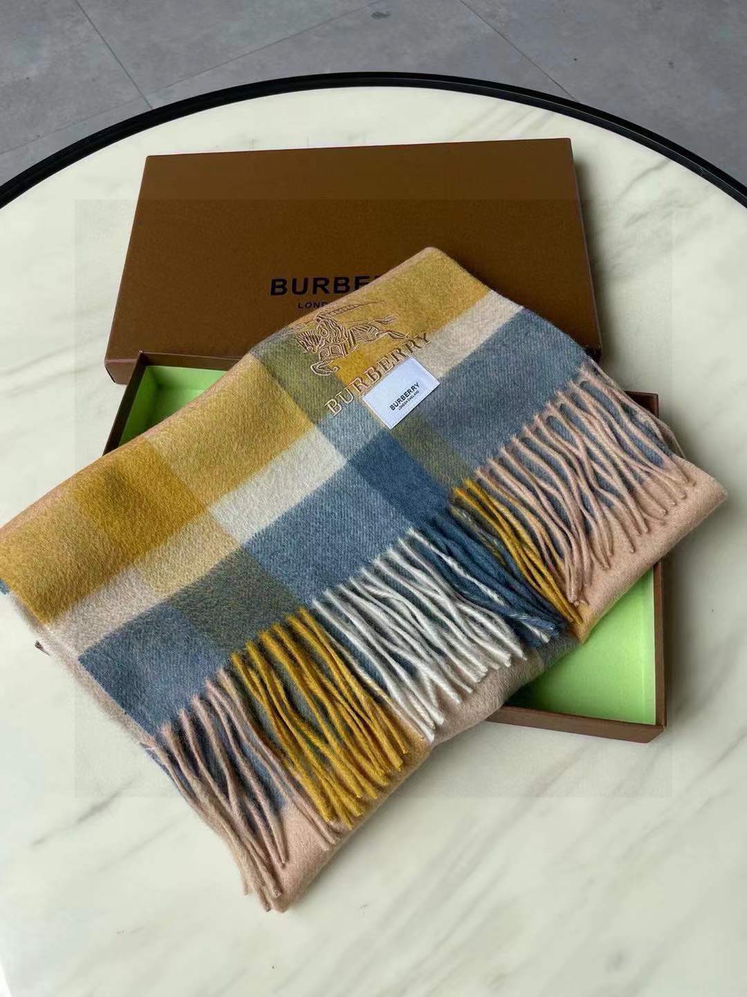 Burberry check cashmere scarf yellow and blue colorway