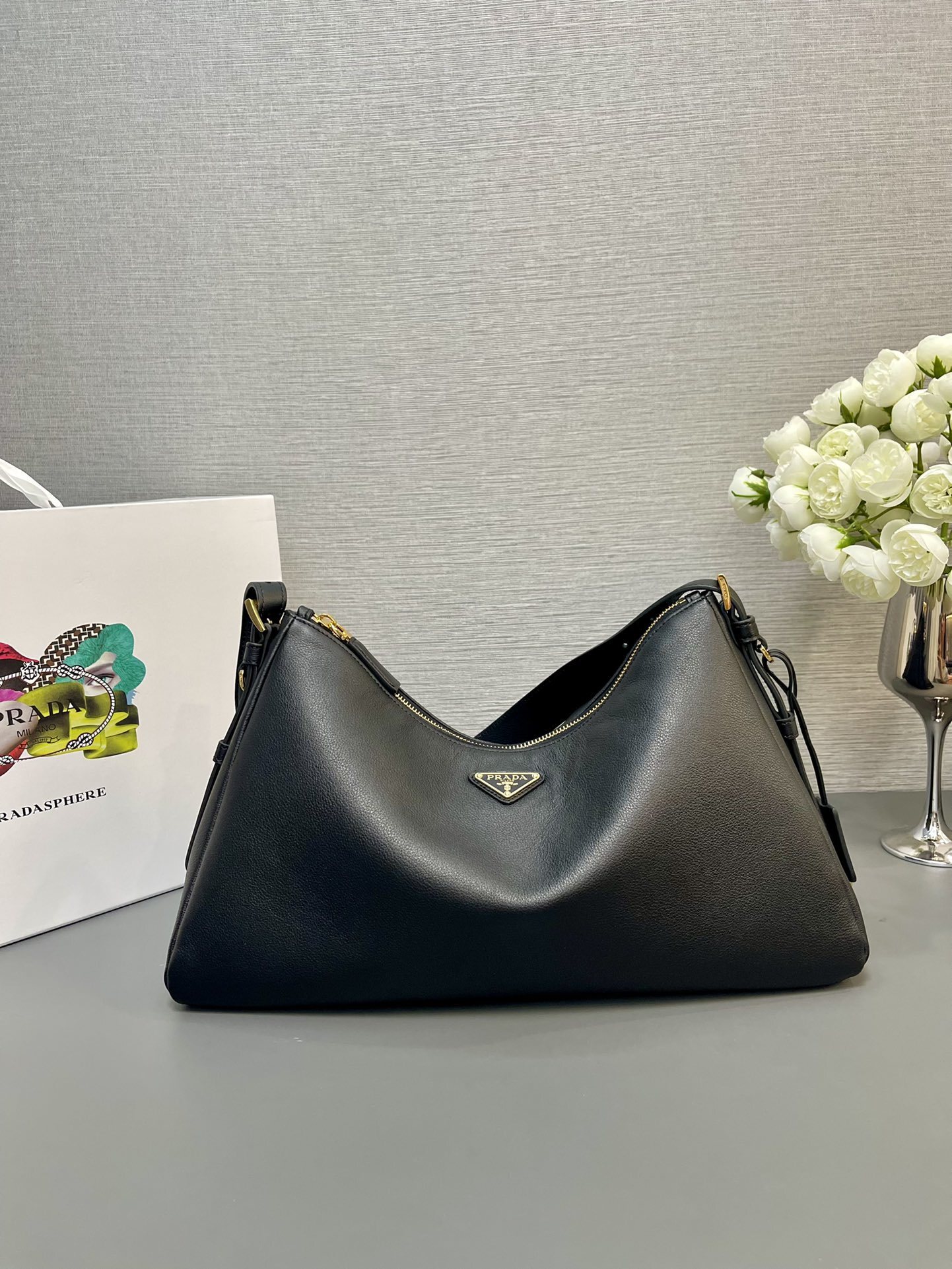 Prada Aimée medium leather shoulder bag in black