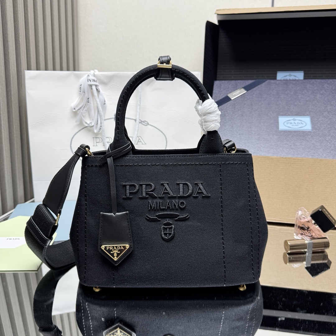 Prada small Jardinière tote bag in cotton canvas with an embroidered logo and leather details