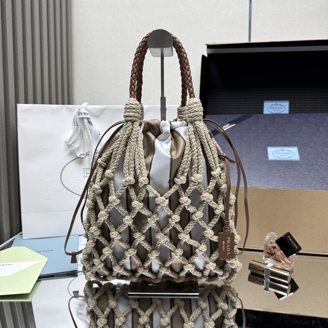 Prada medium Noué cotton macramé tote bag in a neutral color