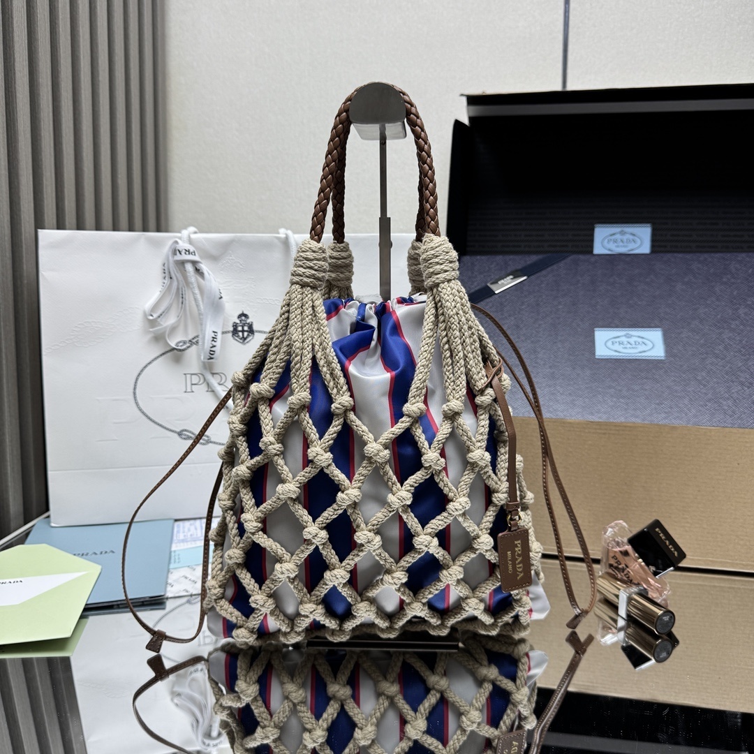 Prada Noué medium cotton macramé tote bag with a striped inner pouch