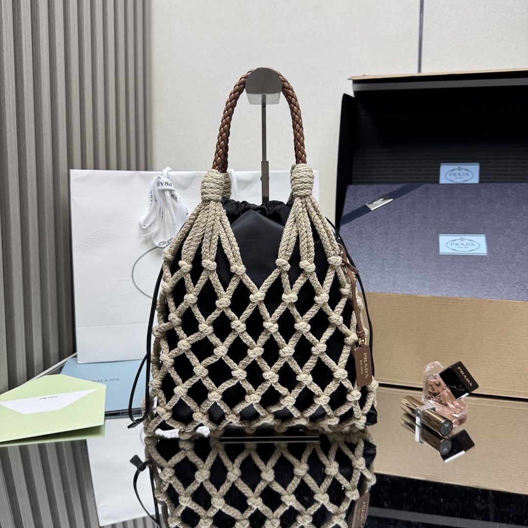 Prada medium Noué tote bag in ivory beige cotton cord with a black Re-Nylon drawstring pouch