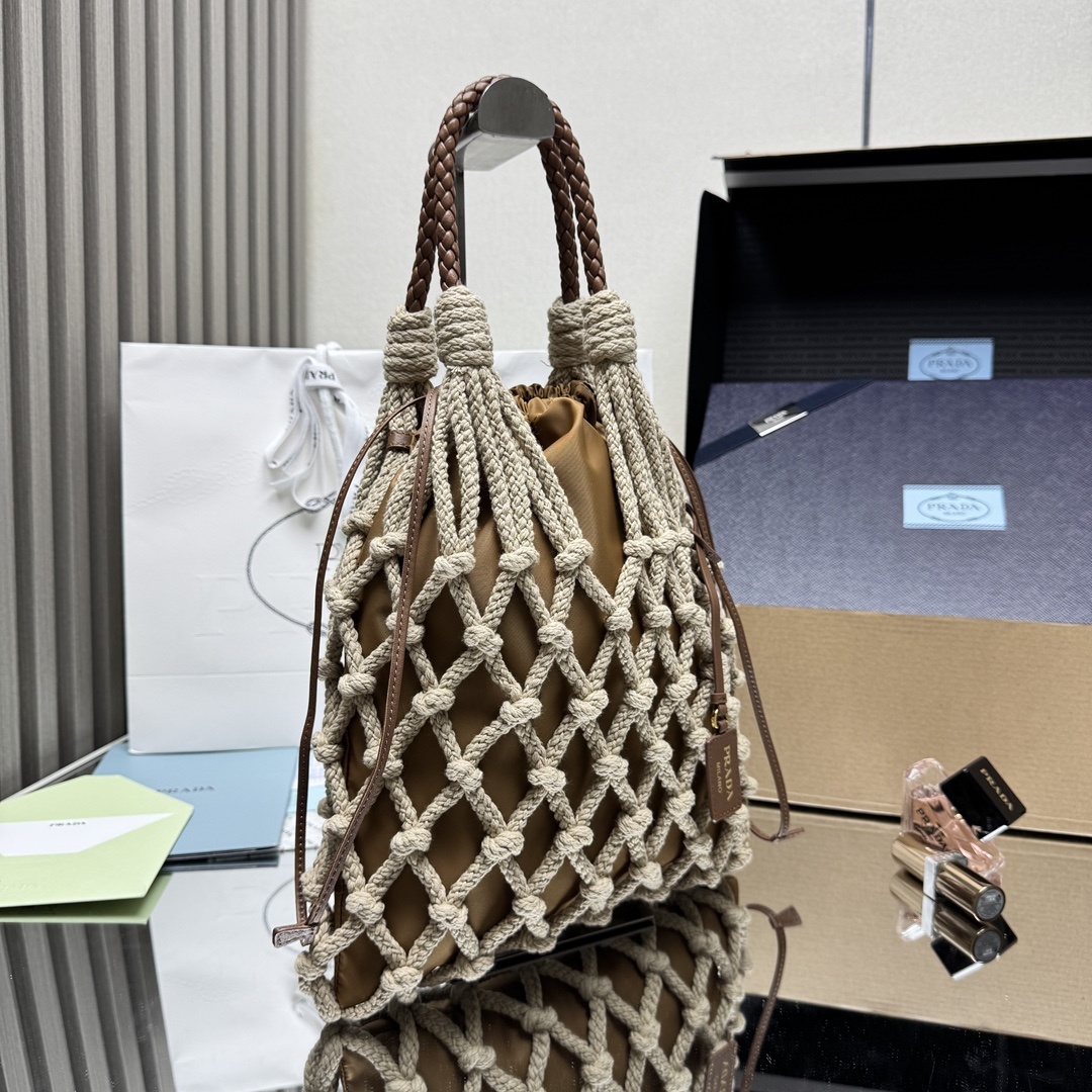 Prada Cotton Cord Macramé Tote Bag with a removable Re-Nylon drawstring pouch