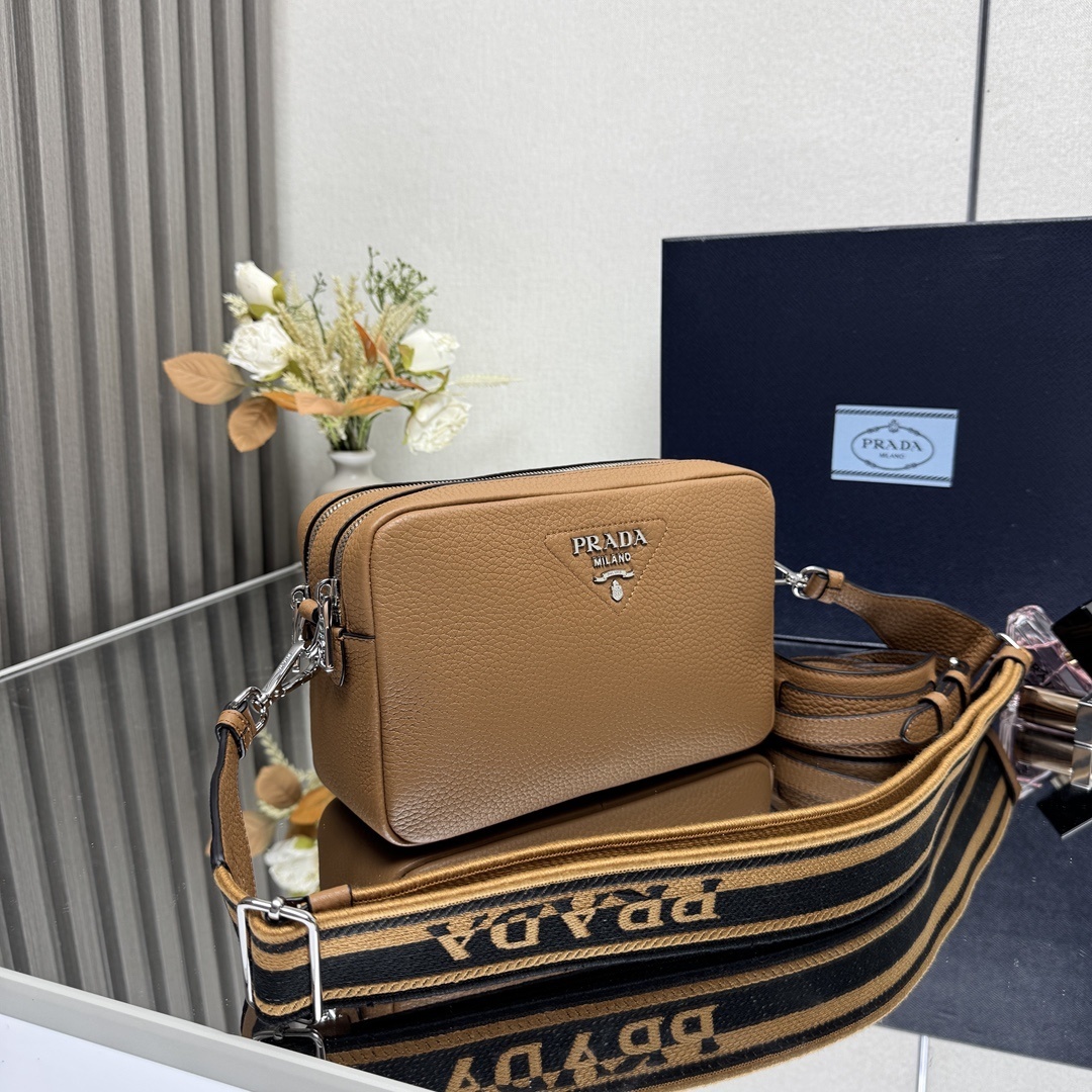 Prada Small Leather Shoulder Bag in caramel brown calf leather