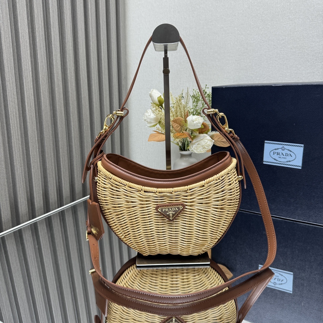 Prada Arqué woven shoulder bag in beige and caramel brown wicker and leather