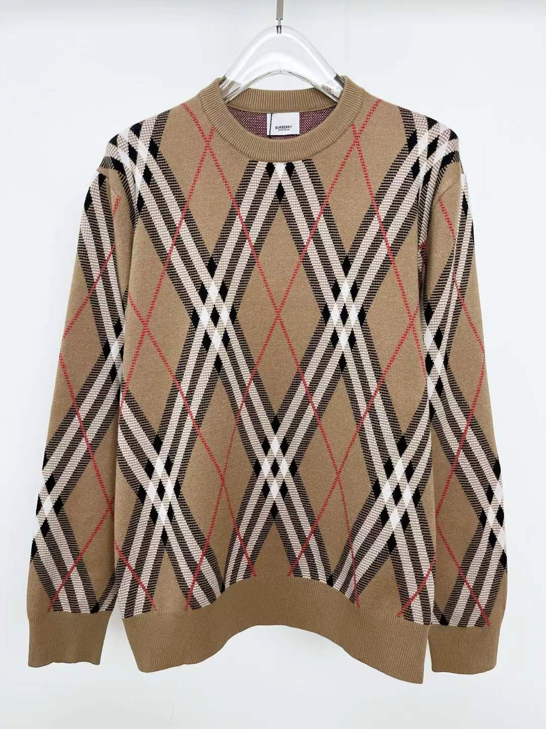Burberry Check Wool Mohair Blend Sweater in sand, featuring the brand's iconic argyle pattern