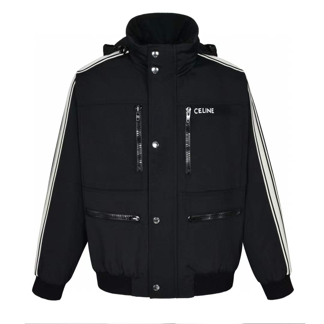 Celine ski jacket in technical nylon fabric, black with white stripes