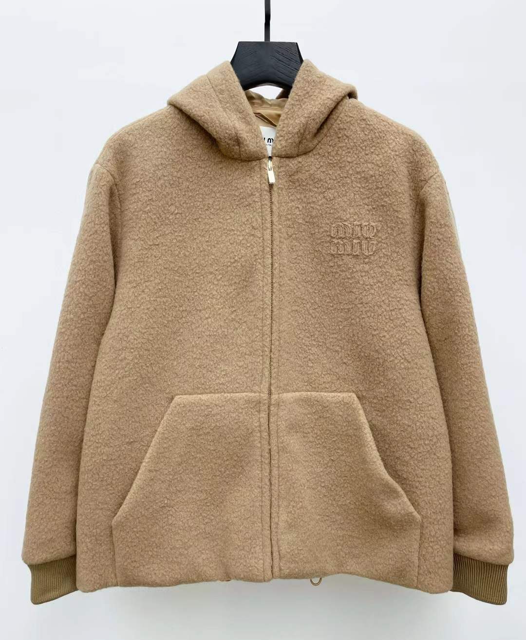 Miu Miu Pile Hoodie Jacket in camel brown