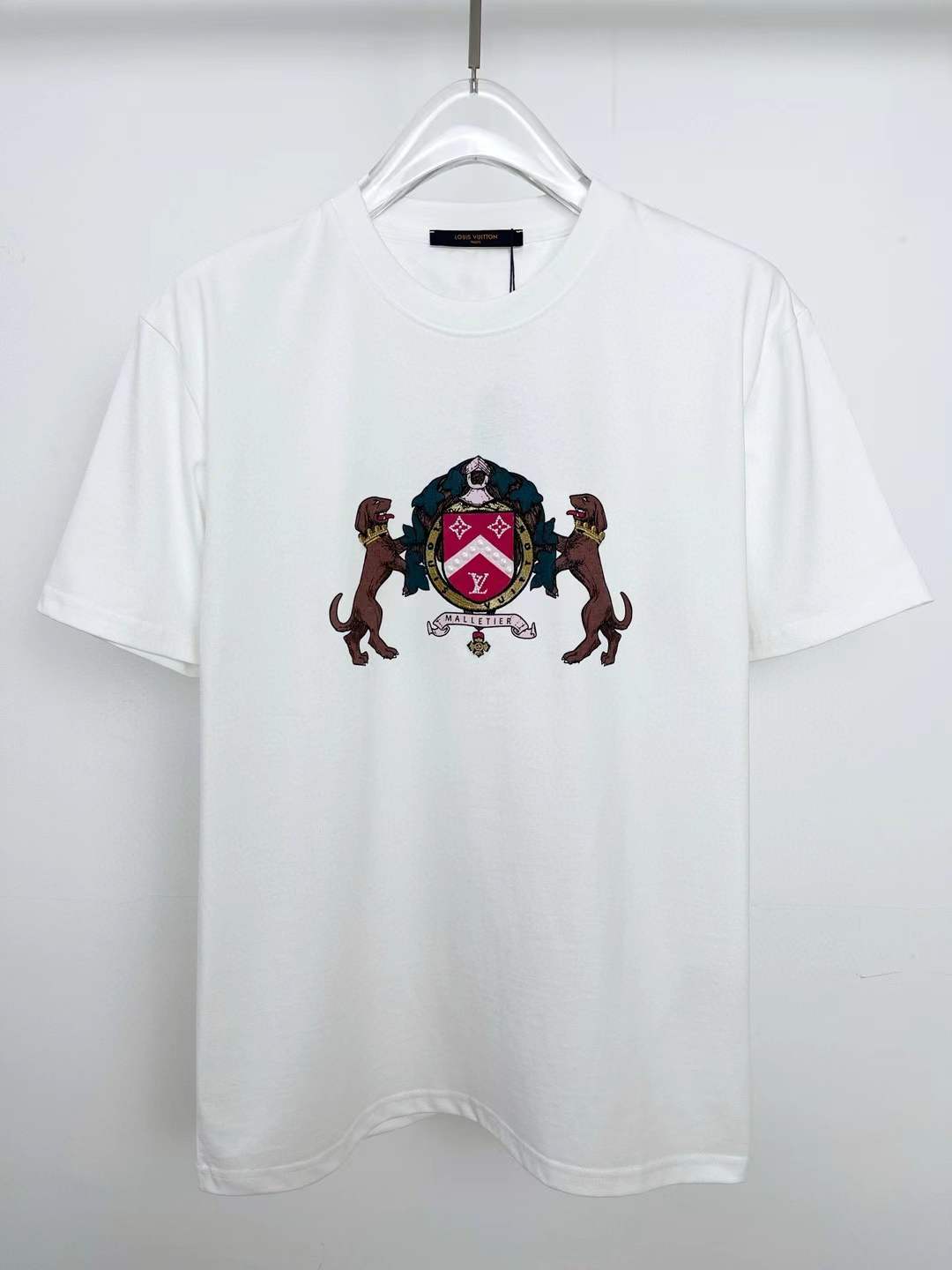 LV Embellished Cotton T-Shirt with a pearl and gold thread embroidered dog badge shield design