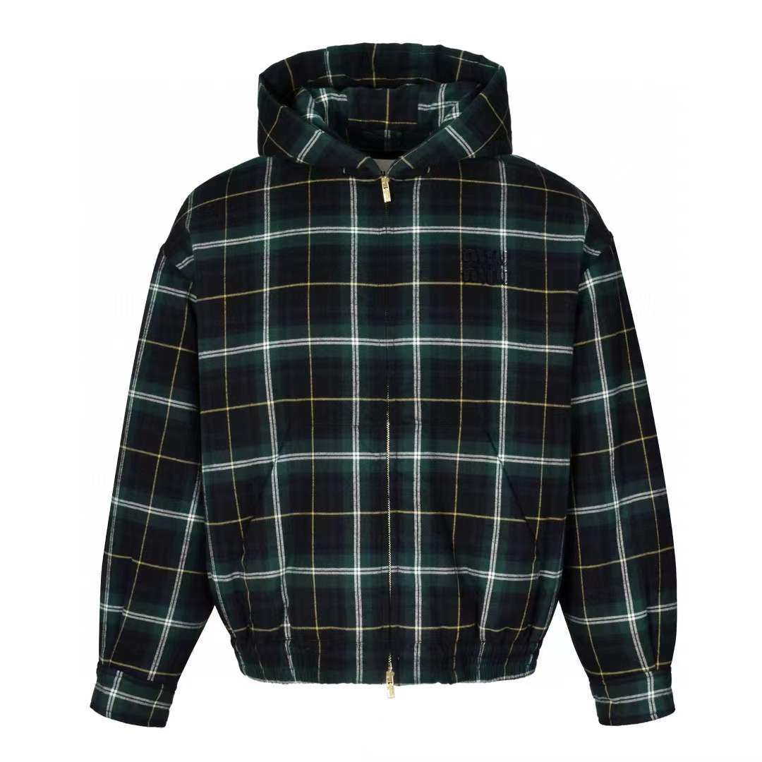 Miu Miu Navy Plaid Hoodie Jacket in virgin wool twill