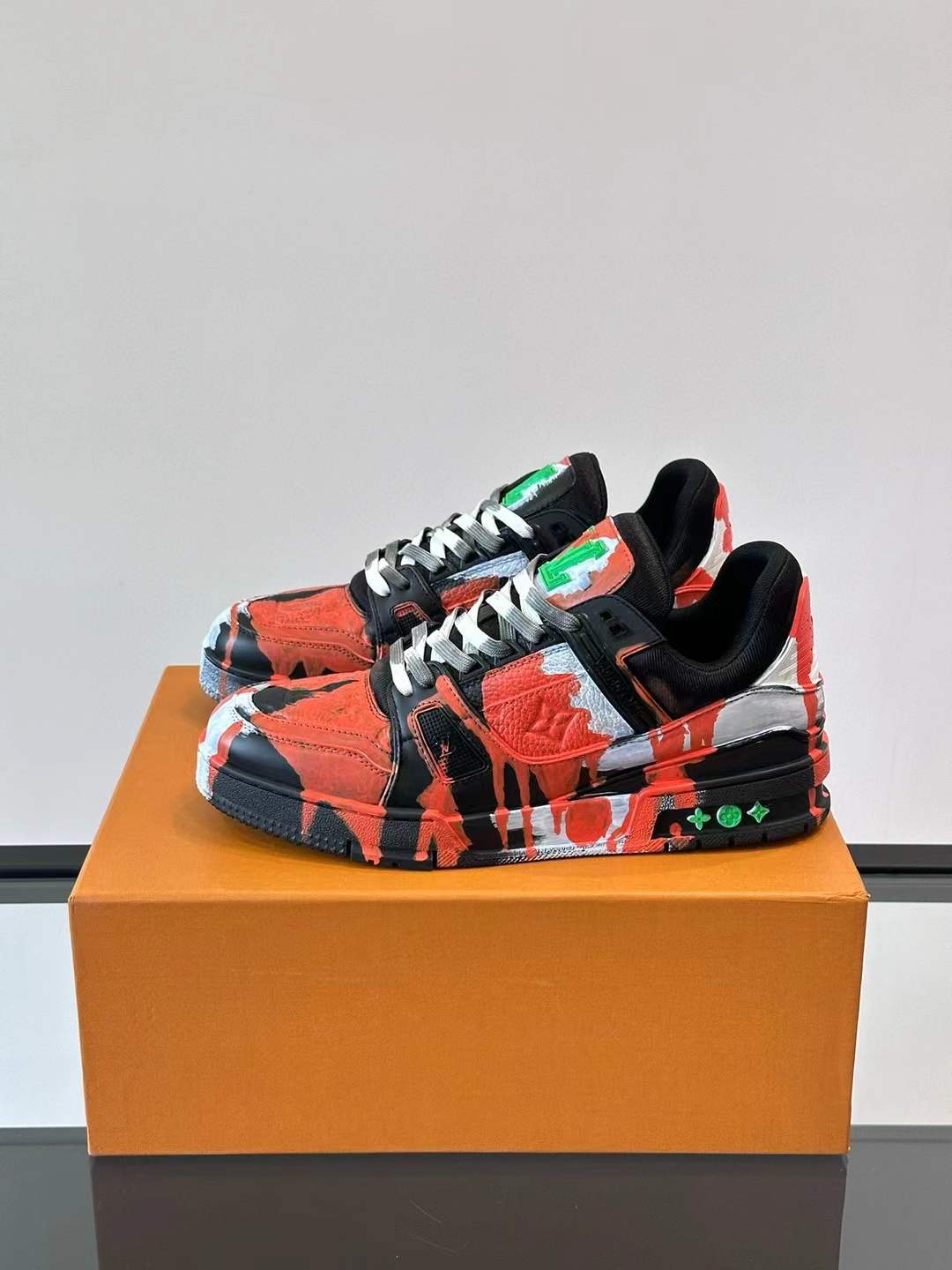 LV Artist Collaboration Painted Low-Top Sneakers colorful orange and black painted pattern