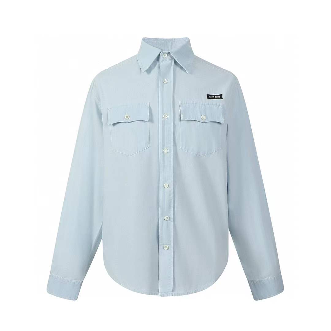 Miu Miu light blue chambray shirt in cotton with a logo patch