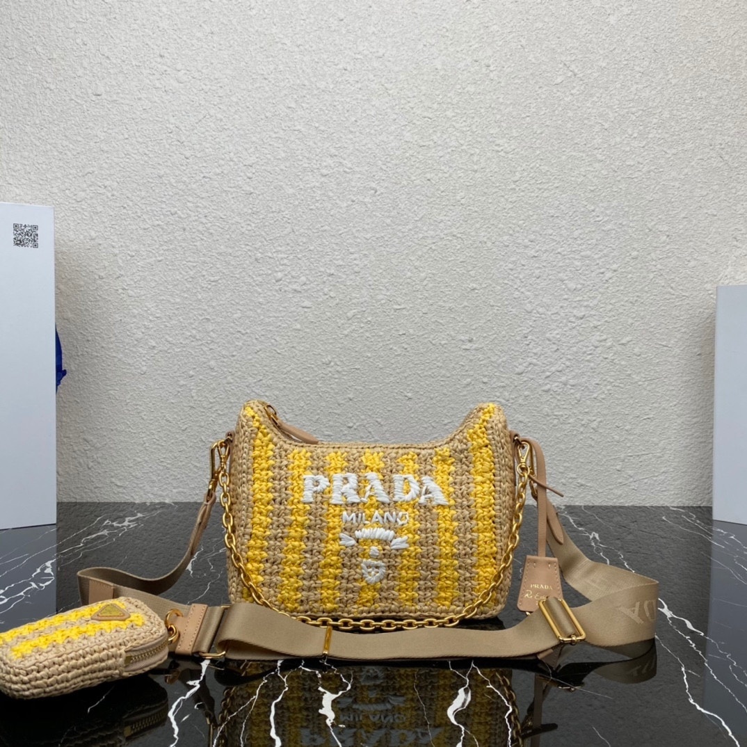 Prada Re-Edition 2005 crochet shoulder bag in a yellow and beige striped fabric with a gold-tone chain strap