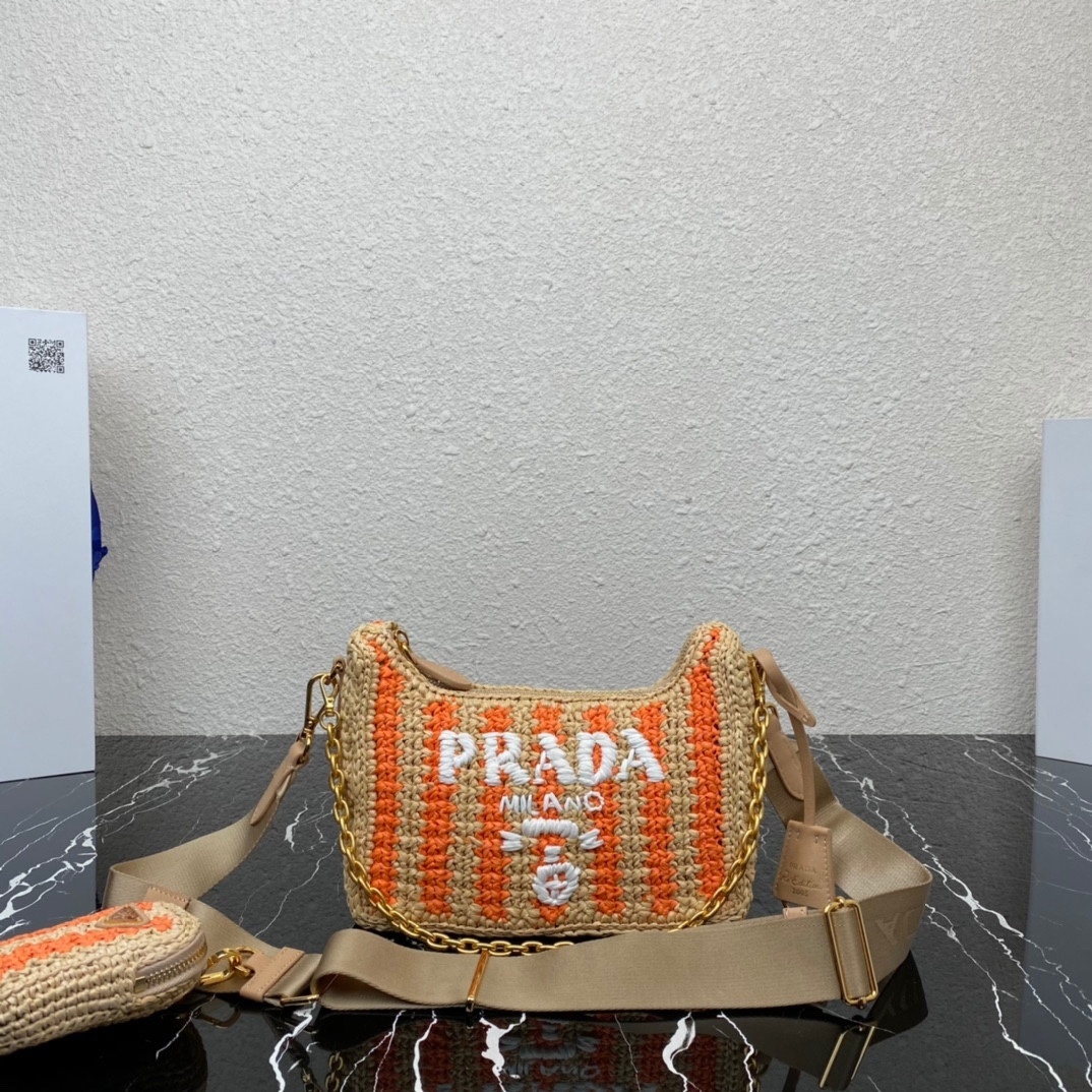 Prada Milano Dal 1913 shoulder bag in an orange and beige woven raffia-style material