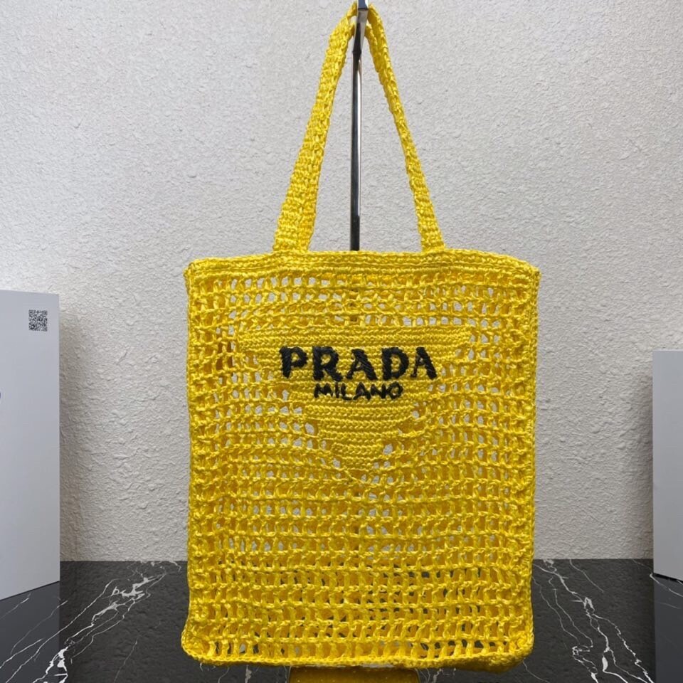 Prada Crochet Tote Bag in yellow raffia effect yarn with a black embroidered logo
