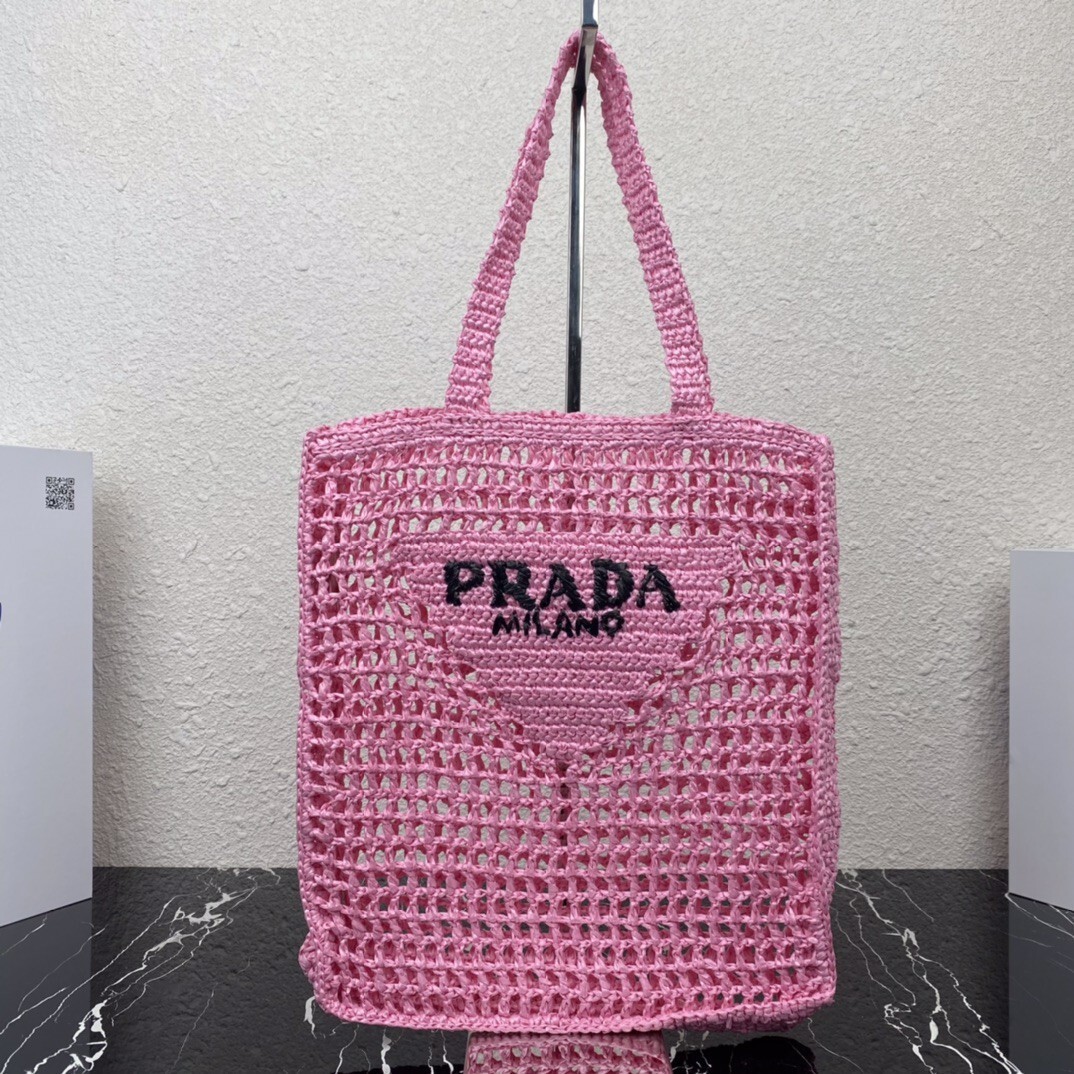 Prada pink raffia tote bag