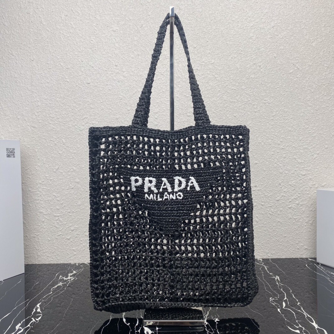 Prada Raffia Black tote bag with a white embroidered logo