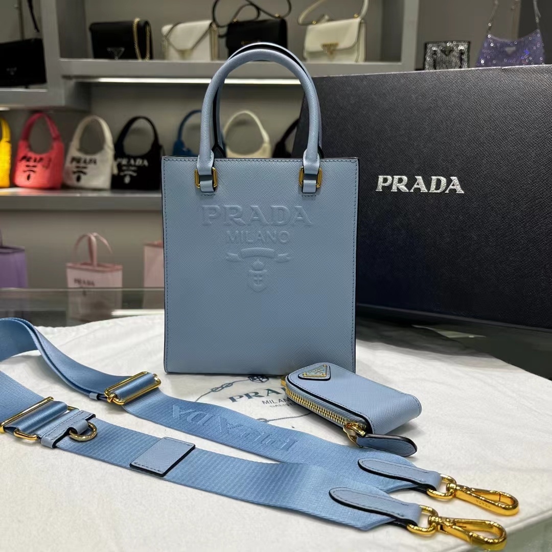 Prada Saffiano leather mini tote bag in a light blue
