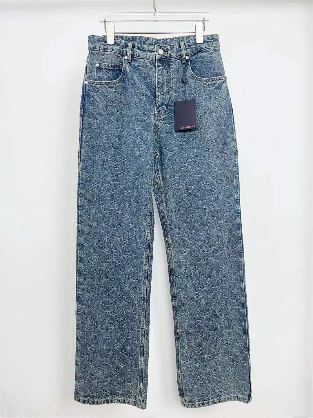 LV Regular Denim Pants in a stone-washed blue color.