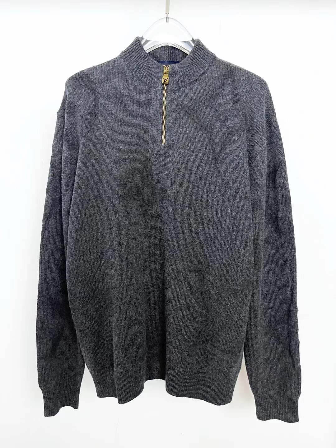LV Monogram Jacquard Wool Half Zip Pullover in a dark grey