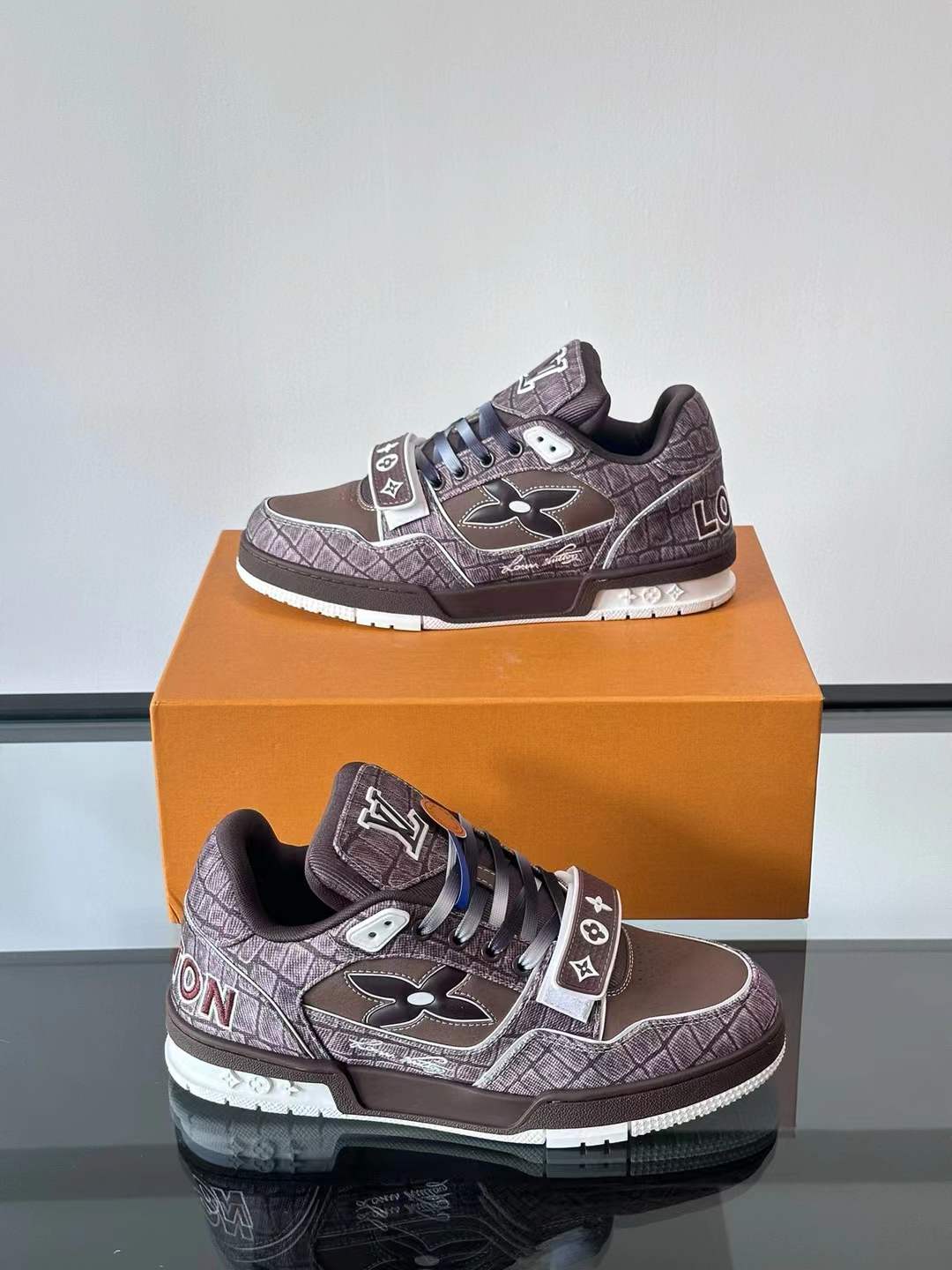 LV Trainer sneaker in Monogram denim with a velcro strap