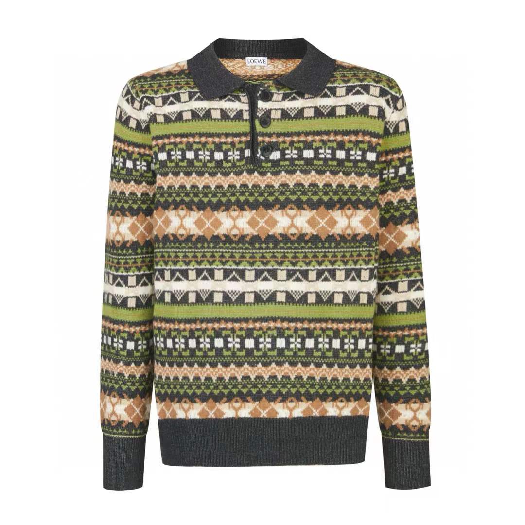 Loewe Intarsia Wool Polo Sweater in green/multi.