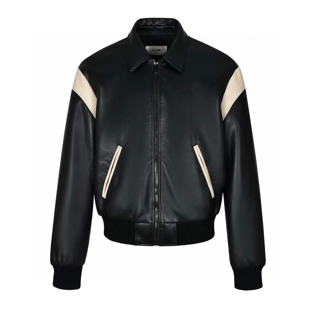 Celine Teddy jacket in black lambskin with cream inserts