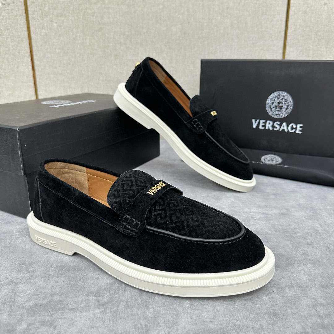 Versace suede loafer with a black velvet vamp Greek Key pattern and a small gold-tone logo plaque.