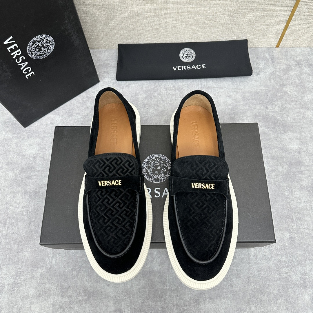 Versace suede loafer with a black velvet vamp Greek Key pattern and a small gold-tone logo plaque.