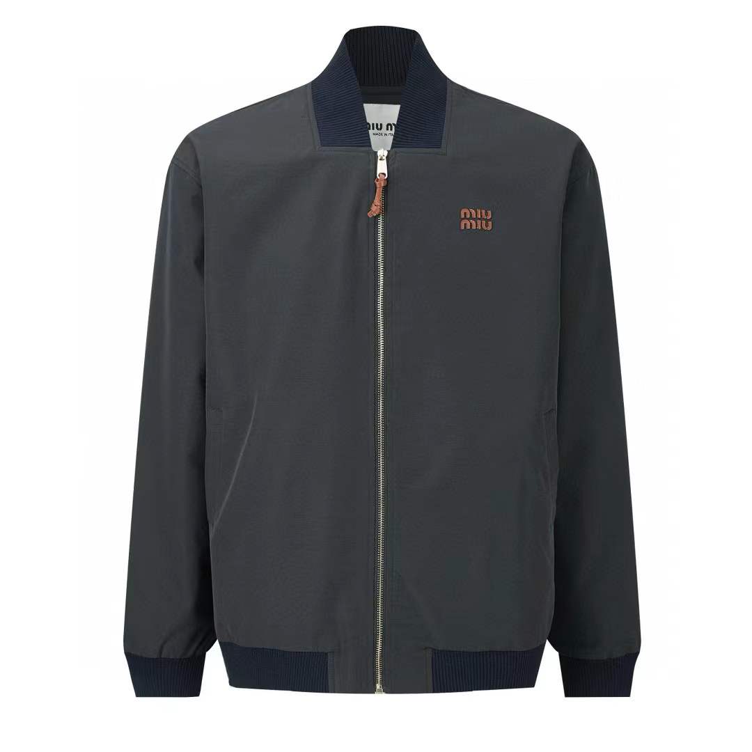 Miu Miu navy blue logo-patches bomber jacket made from recycled polyester or a cotton-blend material