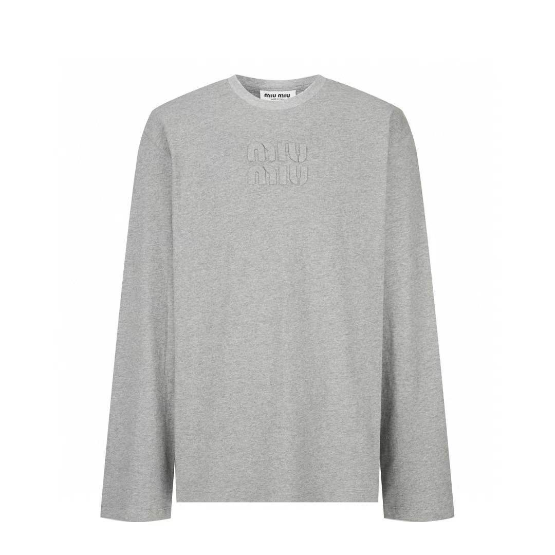 Miu Miu grey cotton long-sleeved T-shirt with an embroidered logo