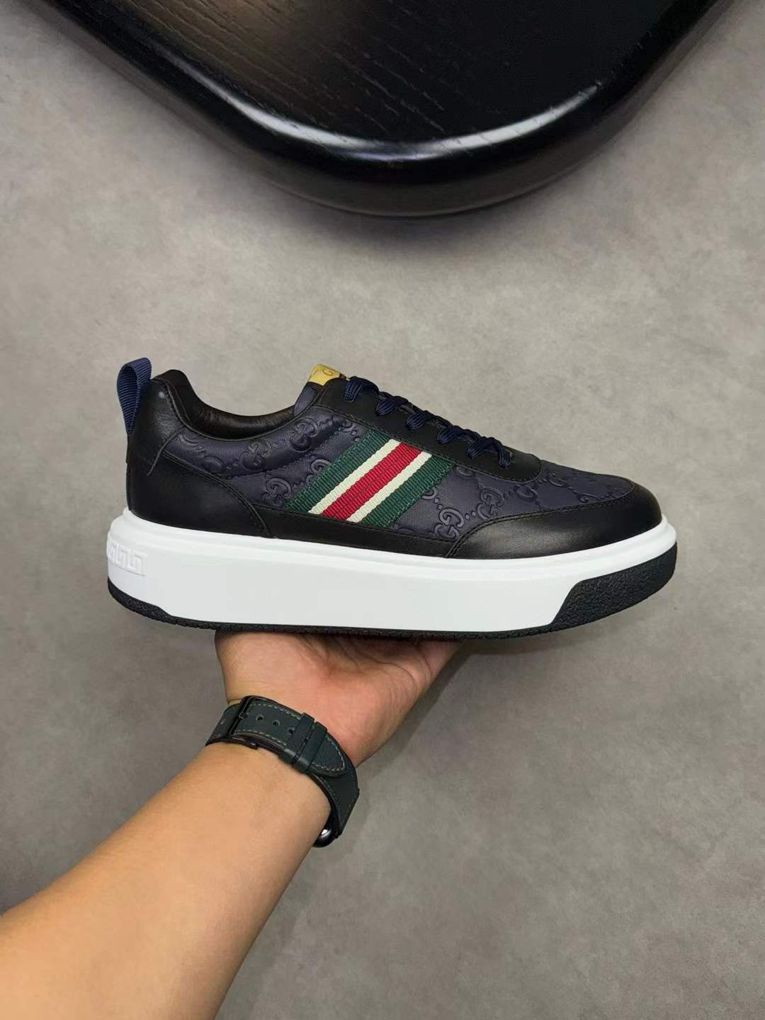 Gucci Screener sneaker in blue and dark blue GG Supreme canvas with blue and red web stripe and dark blue leather