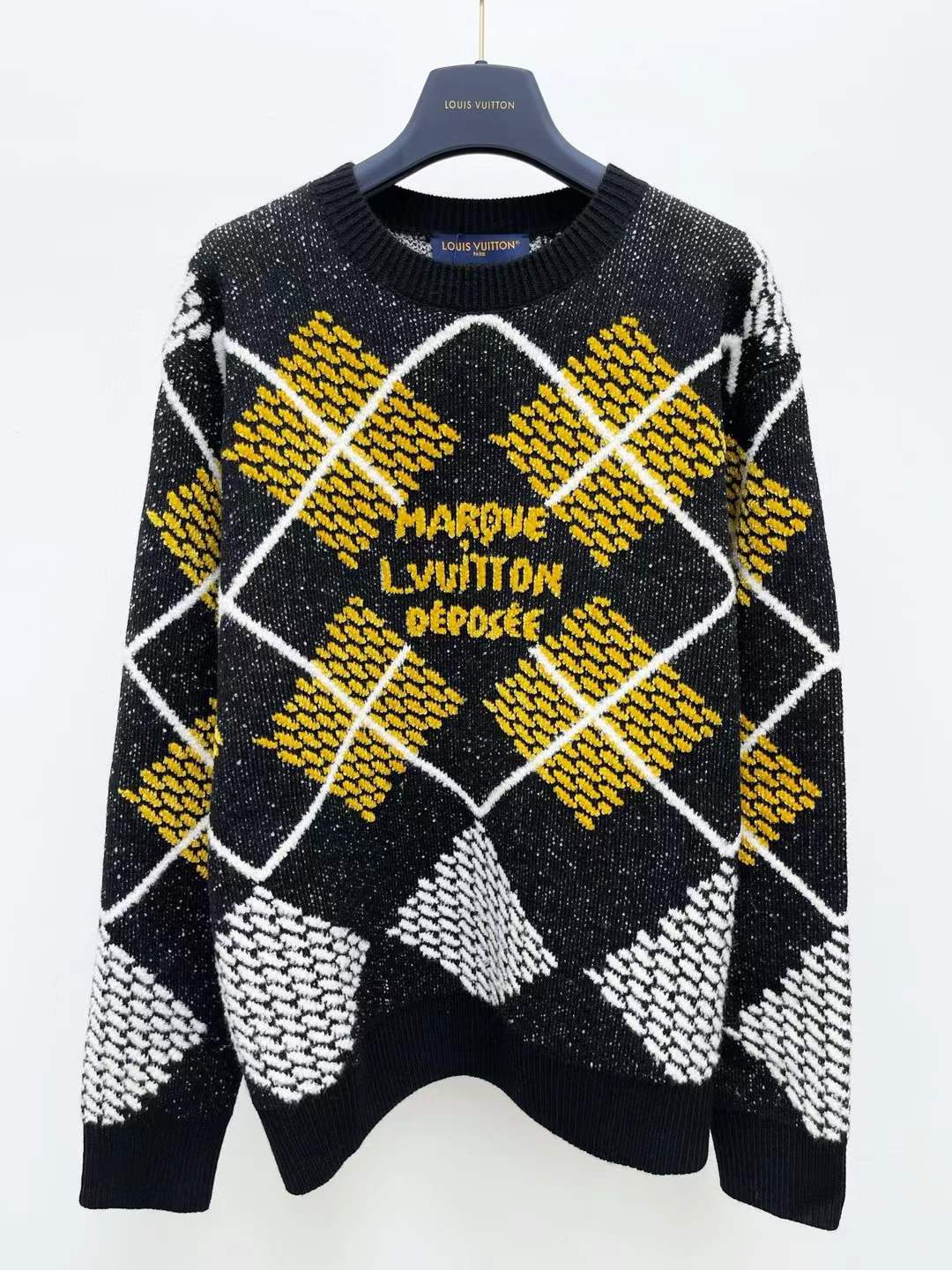 lv Wool Blend Pullover featuring the Damier Argyle motif and a "Marque L. Vuitton Déposée" signature on the chest