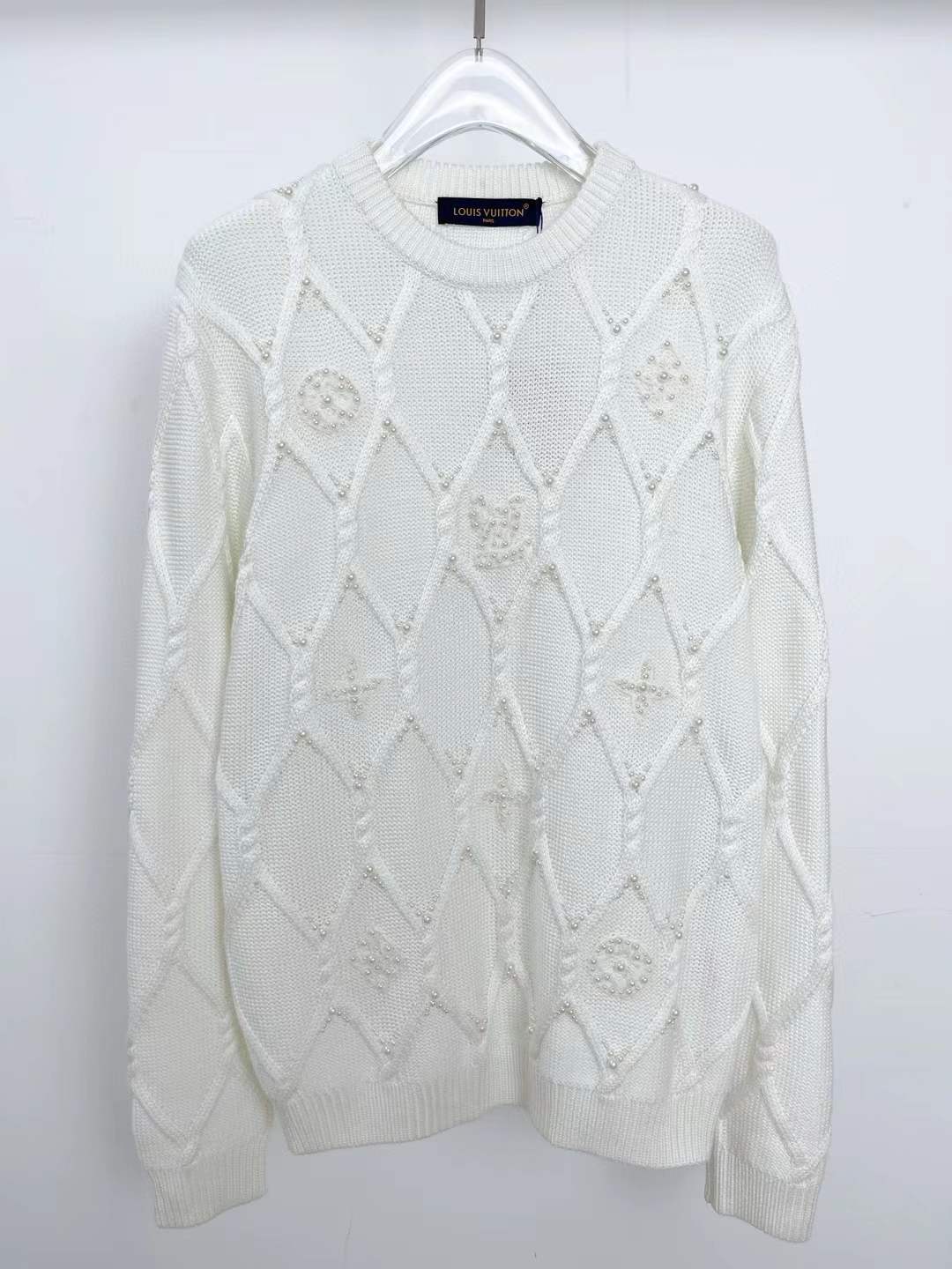 LV Embellished Cable Knit Wool Blend Pullover in white
