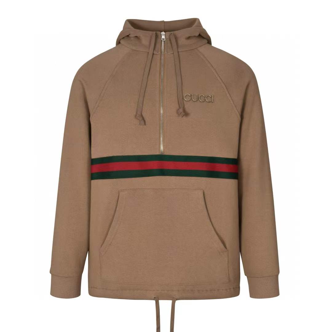 Gucci Web-stripe cotton half-zip hoodie in taupe brown