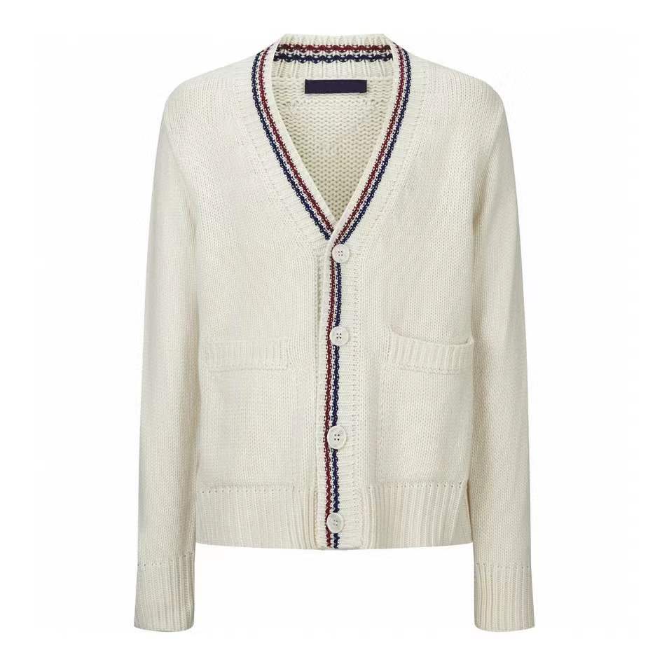 Prada virgin wool cardigan with a triangle logo woven into the back of the neck and distinctive red and blue stripes on the collar.