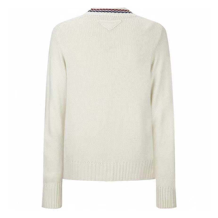 Prada virgin wool cardigan with a triangle logo woven into the back of the neck and distinctive red and blue stripes on the collar.