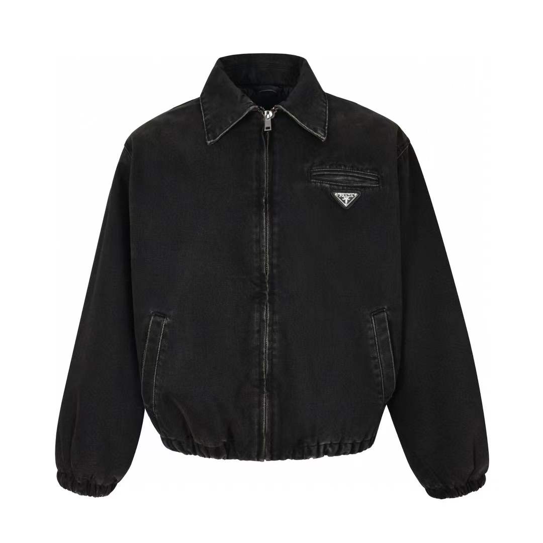 Prada Padded Denim Blouson Jacket in black cotton velvet.