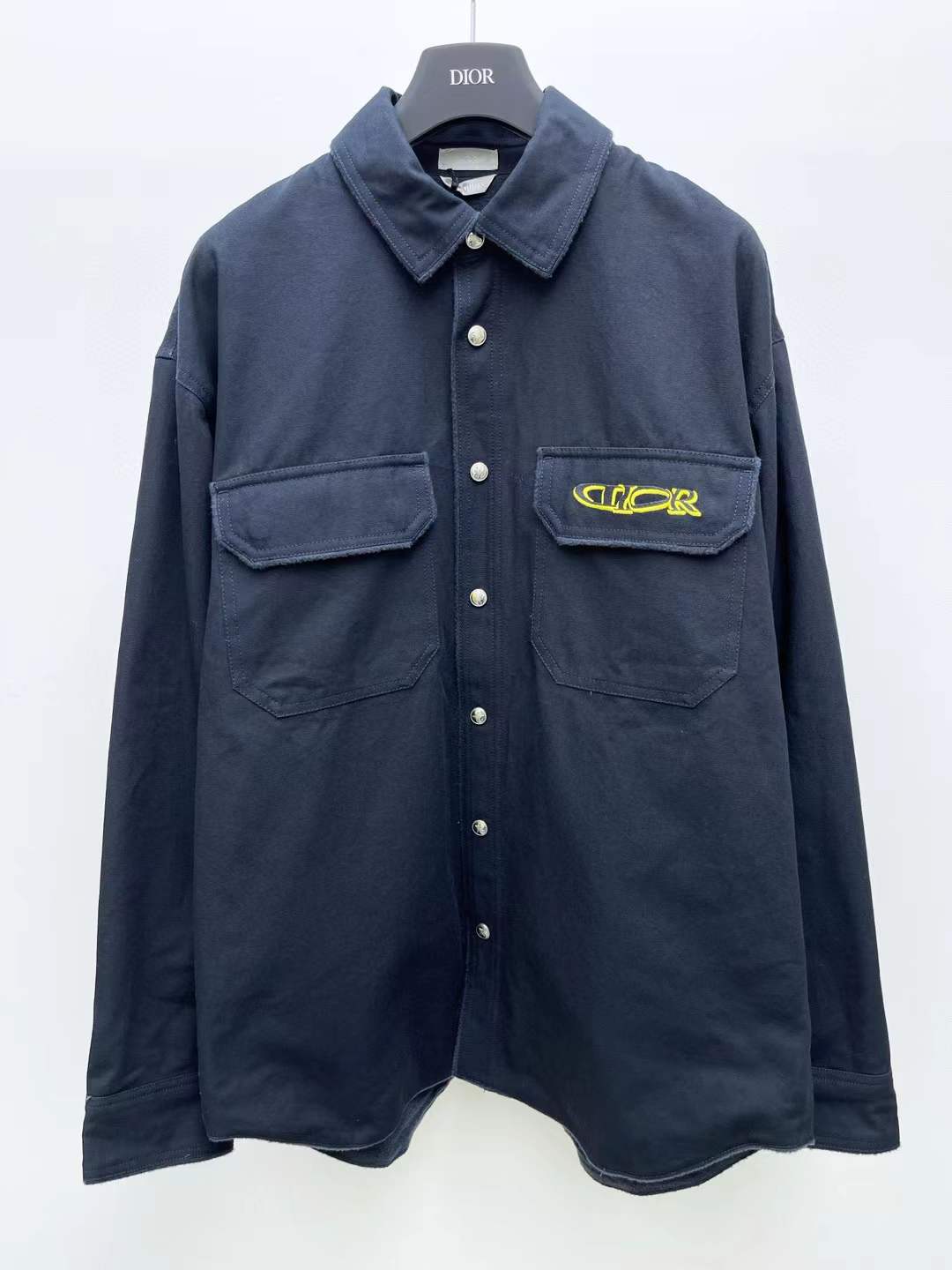 Dior men's overshirt in navy blue cotton twill with a yellow embroidered logo