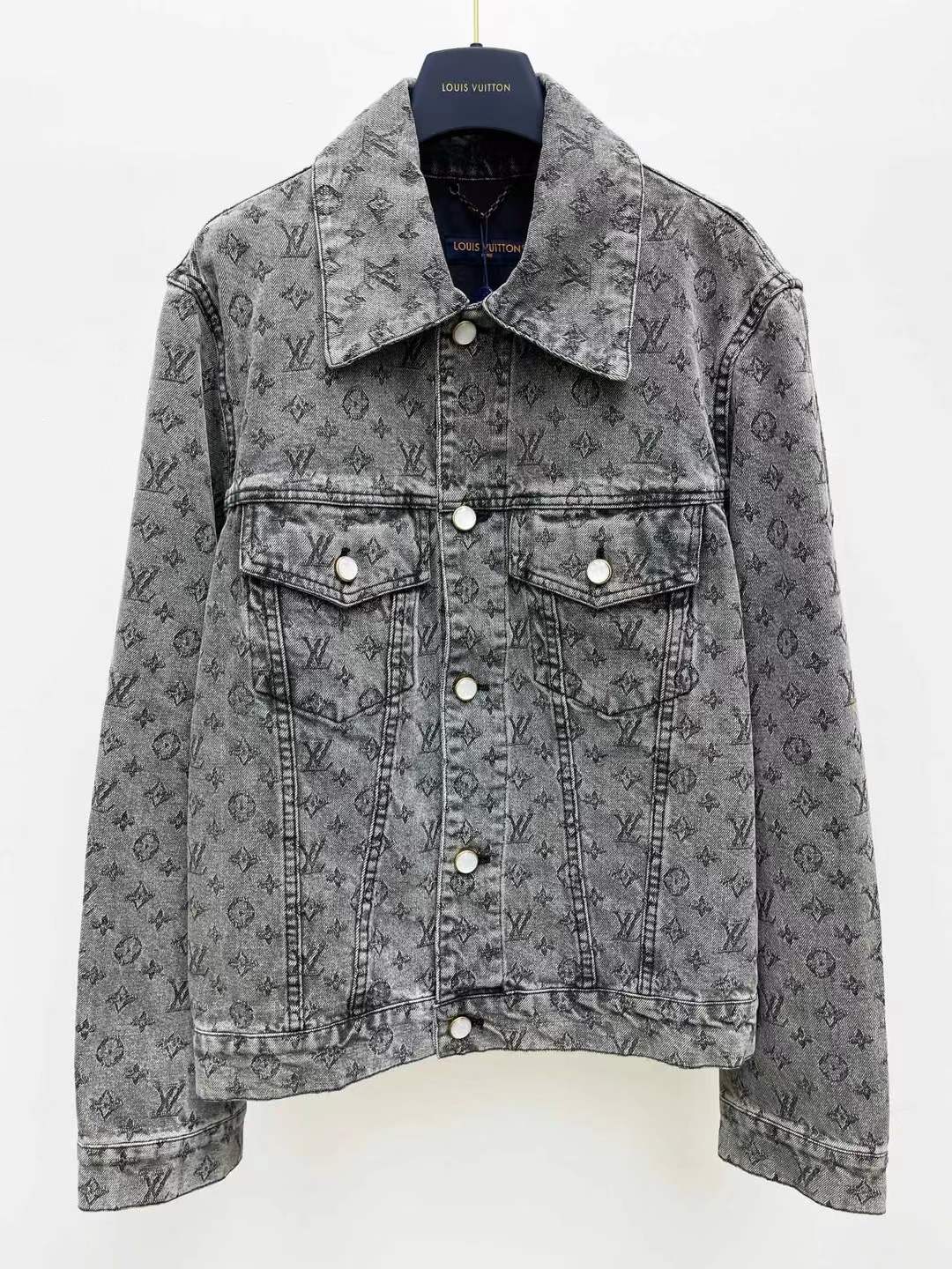 LV Monogram Embossed Denim Jacket in a grey/washed black color